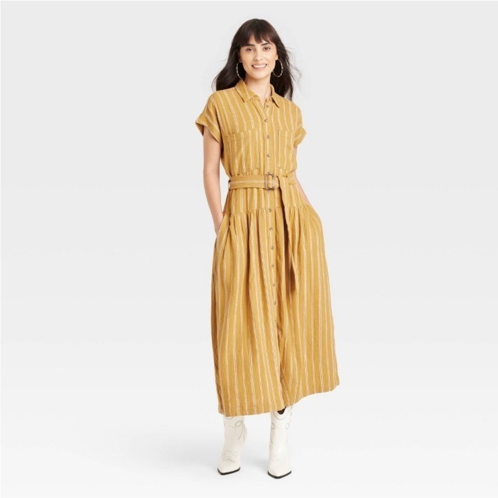 NWT Women's Short Sleeve Belted Midi Shirtdress - Universal Thread yellow stripe